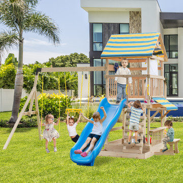 Wooden Swing Set with Large Upper Deck