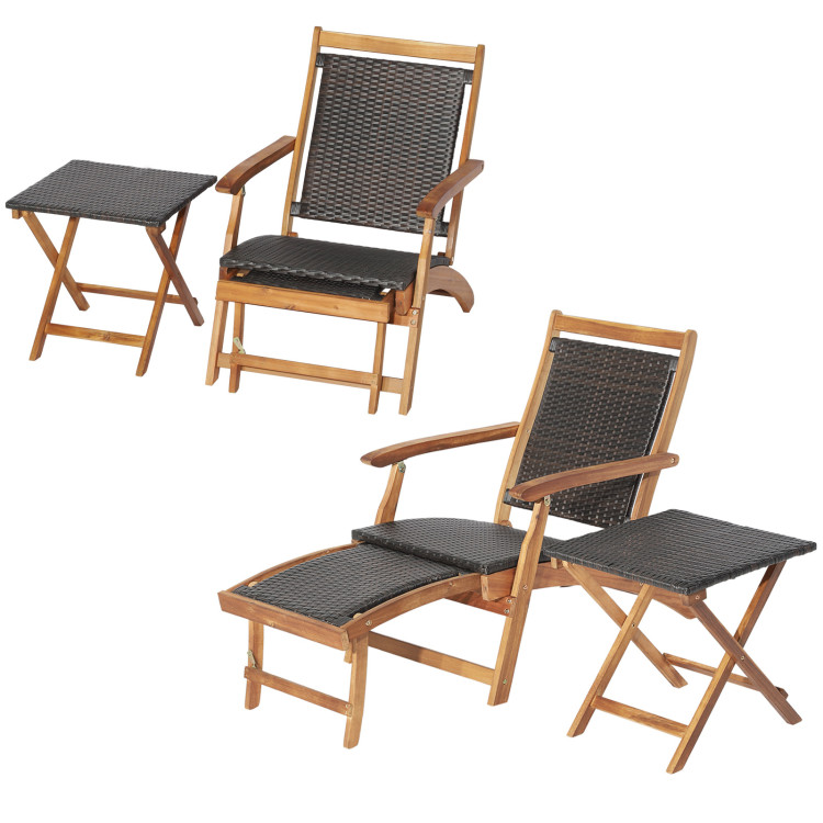 2 Pieces Patio Rattan Folding Lounge Chair with Acacia Wood TableCostway Gallery View 9 of 11