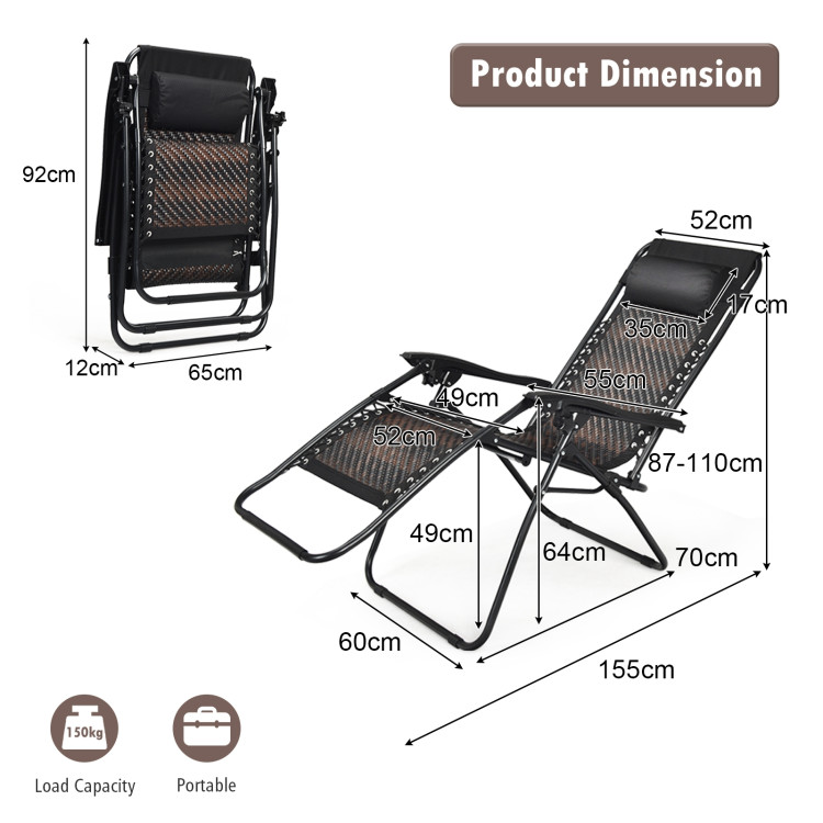 2 Pieces Folding Patio Rattan Zero Gravity Lounge Chair-BrownCostway Gallery View 4 of 13