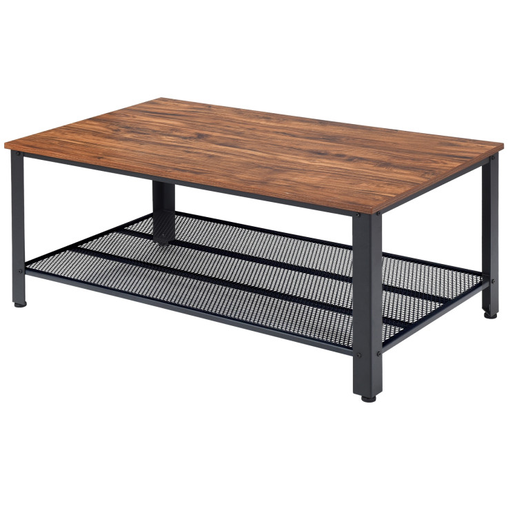 Metal Frame Wood Coffee Table Console Table with Storage Shelf-BrownCostway Gallery View 4 of 13