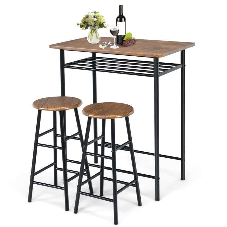 3 Pieces Bar Table Set with 2 Stools-Dark WalnutCostway Gallery View 3 of 10