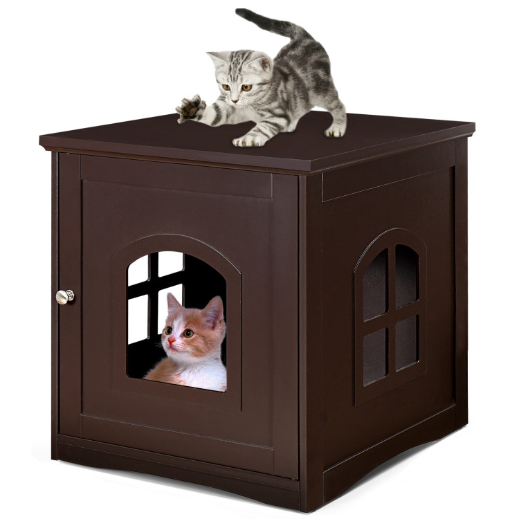 Side Table Nightstand Decorative Cat House-BrownCostway Gallery View 3 of 10