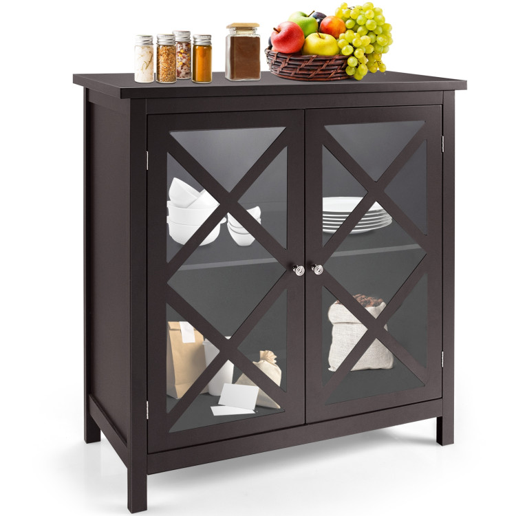 Freestanding Kitchen Buffet Cabinet with Glass Doors and Adjustable Shelf-BrownCostway Gallery View 3 of 10
