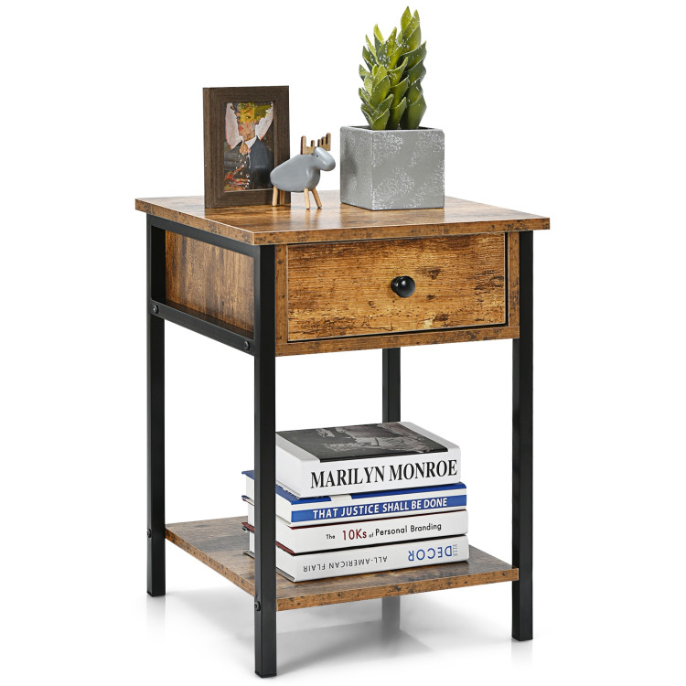 Industrial End Side Table Nightstand with Drawer Shelf-Rustic BrownCostway Gallery View 10 of 10