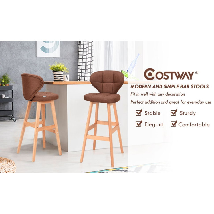 Set of 2 Brown Bar Stools Pub Chair FabricCostway Gallery View 9 of 12