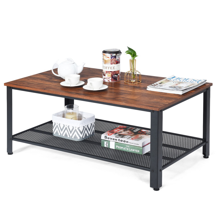 Metal Frame Wood Coffee Table Console Table with Storage Shelf-BrownCostway Gallery View 12 of 13