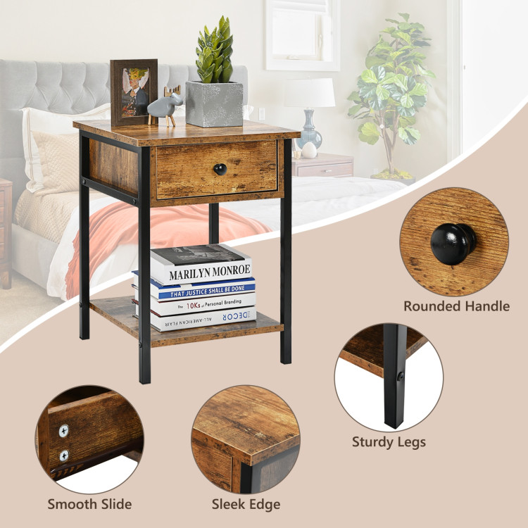 Industrial End Side Table Nightstand with Drawer Shelf-Rustic BrownCostway Gallery View 7 of 10