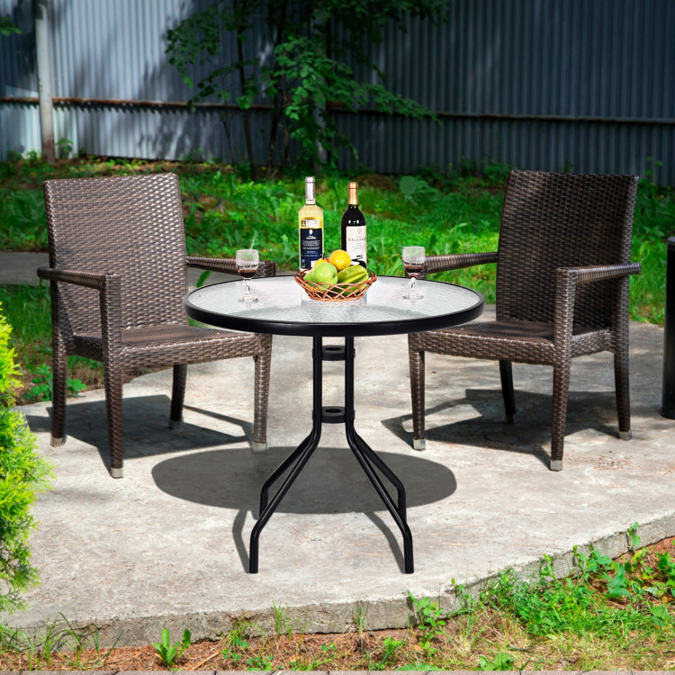 32 Inch Outdoor Patio Round Tempered Glass Top Table with Umbrella HoleCostway Gallery View 2 of 12