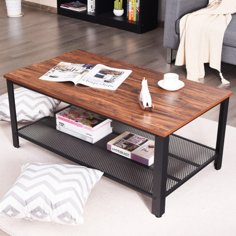 Metal Frame Wood Coffee Table Console Table with Storage Shelf-BrownCostway Gallery View 11 of 13
