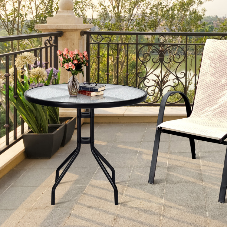 32 Inch Outdoor Patio Round Tempered Glass Top Table with Umbrella HoleCostway Gallery View 6 of 12
