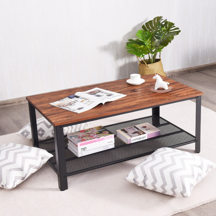 Metal Frame Wood Coffee Table Console Table with Storage Shelf-BrownCostway Gallery View 8 of 13