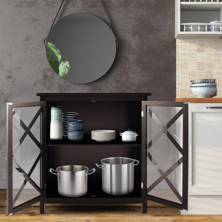 Freestanding Kitchen Buffet Cabinet with Glass Doors and Adjustable Shelf-BrownCostway Gallery View 7 of 10