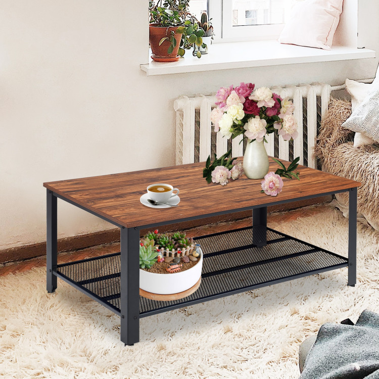 Metal Frame Wood Coffee Table Console Table with Storage Shelf-BrownCostway Gallery View 10 of 13
