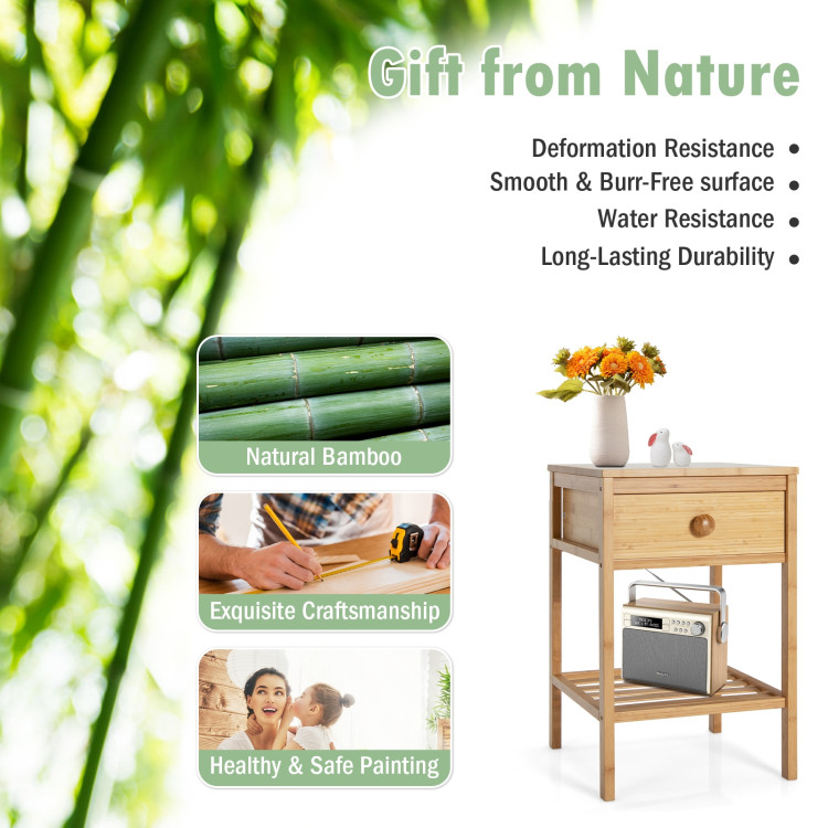 Bamboo Nightstand with Drawer and Open Shelf-NaturalCostway Gallery View 8 of 10