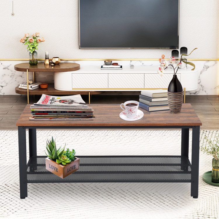 Metal Frame Wood Coffee Table Console Table with Storage Shelf-BrownCostway Gallery View 9 of 13