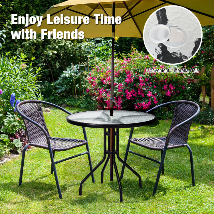 32 Inch Outdoor Patio Round Tempered Glass Top Table with Umbrella HoleCostway Gallery View 3 of 12