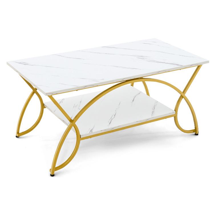 2-Tier Coffee Table Gold Rectangle for Living Room-WhiteCostway Gallery View 1 of 12