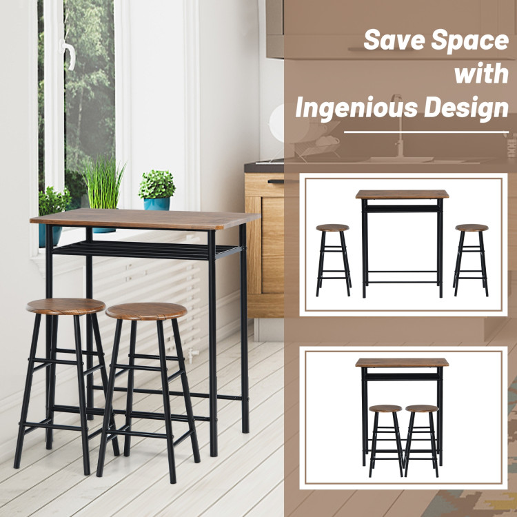 3 Pieces Bar Table Set with 2 Stools-Dark WalnutCostway Gallery View 5 of 10