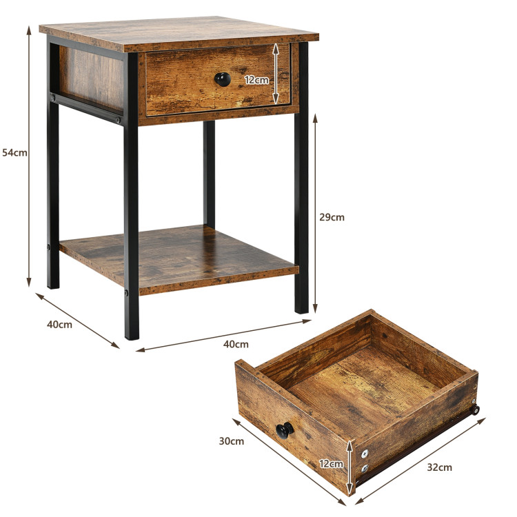 Industrial End Side Table Nightstand with Drawer Shelf-Rustic BrownCostway Gallery View 4 of 10