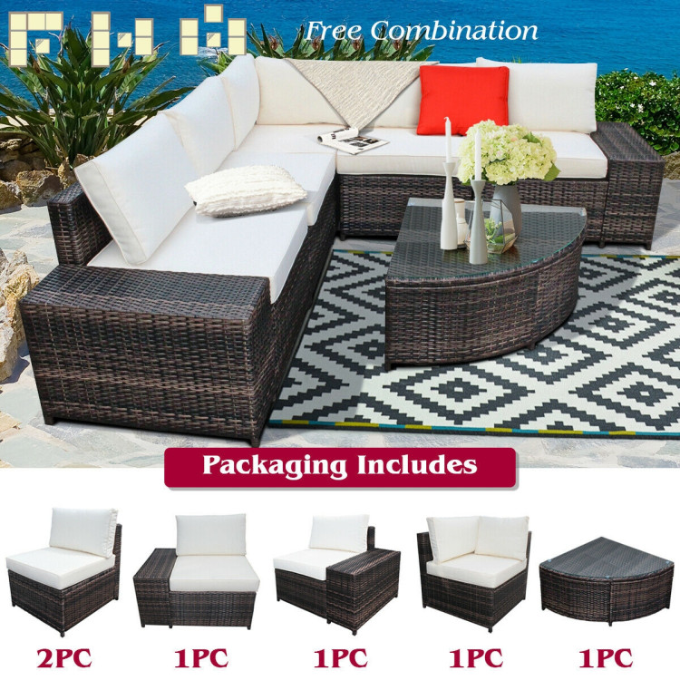 6 Piece Wicker Patio Sectional Sofa Set with Tempered Glass Coffee Table-WhiteCostway Gallery View 10 of 12