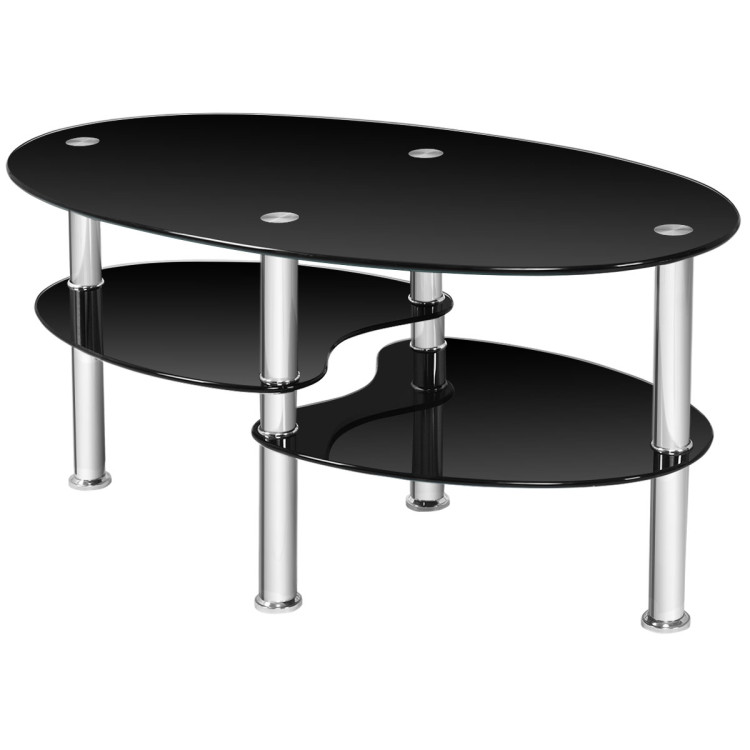 Tempered Glass Oval Side Coffee Table-BlackCostway Gallery View 4 of 11