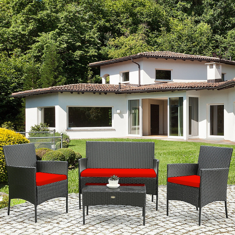4 Pcs Patio Rattan Cushioned Sofa Furniture Set with Tempered Glass Coffee Table-RedCostway Gallery View 1 of 15