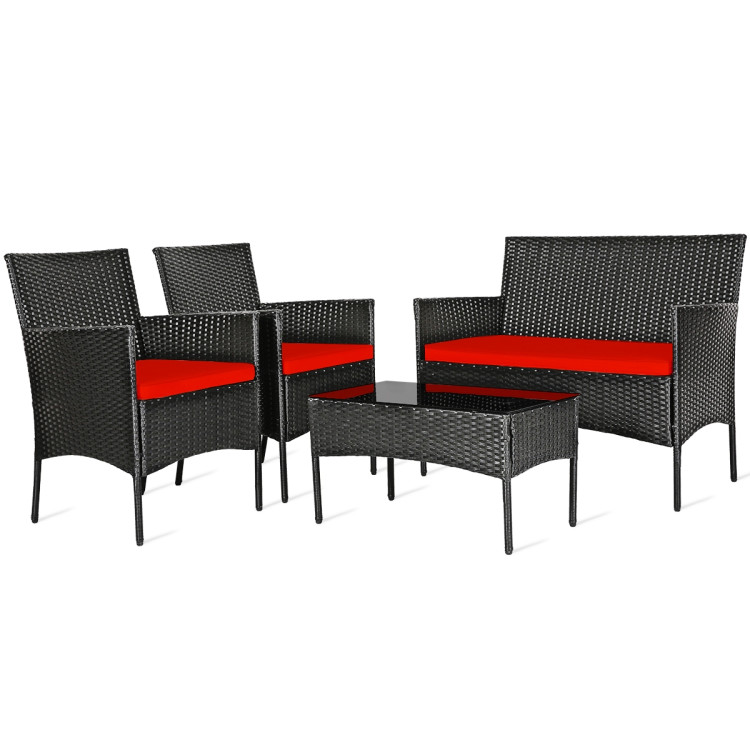4 Pcs Patio Rattan Cushioned Sofa Furniture Set with Tempered Glass Coffee Table-RedCostway Gallery View 3 of 15