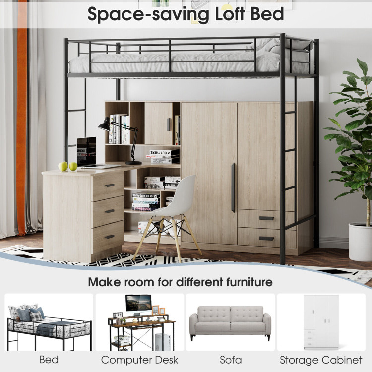 Twin Size Space-saving Metal Loft Bed with Full-Length Guardrail and 2 Ladders-BlackCostway Gallery View 3 of 10