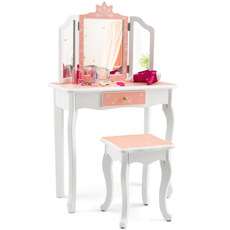 Princess Vanity Table and Chair Set with Tri-Folding Mirror and Snowflake Print-PinkCostway Gallery View 8 of 10