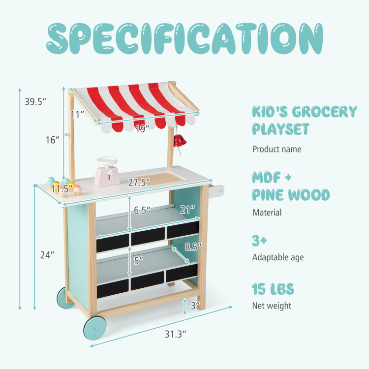 Kids Wooden Ice Cream Cart with Chalkboard and StorageCostway Gallery View 4 of 11