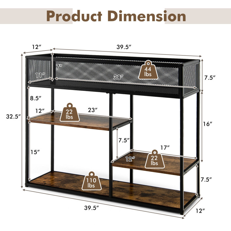 4-Tier Industrial Console Table with Wire Basket and shelf-Rustic BrownCostway Gallery View 4 of 10