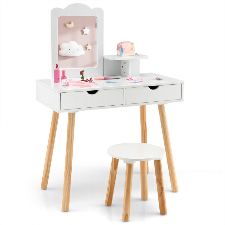 Kid Vanity Table Chair Set with Mirror and 2 Large Storage Drawers-WhiteCostway Gallery View 1 of 11