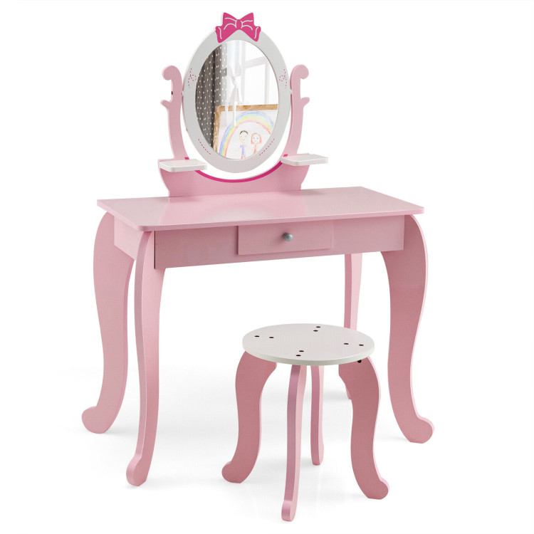 Kid Vanity Table Stool Set with Oval Rotatable Mirror-PinkCostway Gallery View 1 of 11
