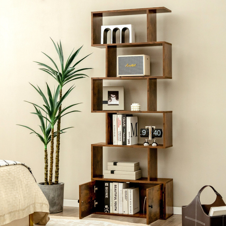 6-Tier S-Shaped Freestanding Bookshelf with Cabinet and Doors-CoffeeCostway Gallery View 6 of 10