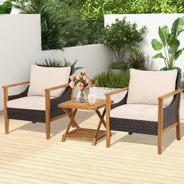 3 Pieces Patio Wicker Furniture Set with 2-Tier Side Table and Cushioned  Armchairs - Costway