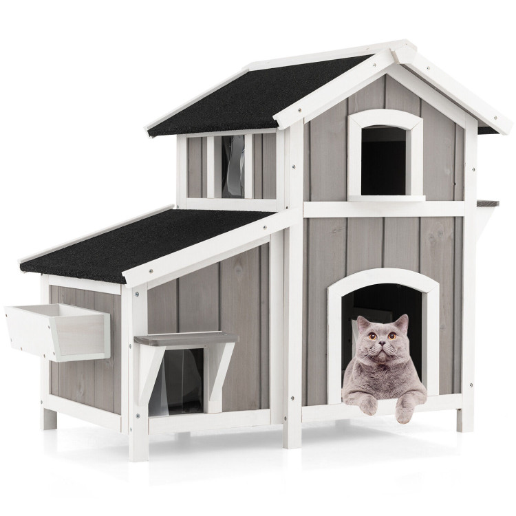 Outdoor 2-Story Wooden Feral Cat House with Escape Door-GrayCostway Gallery View 1 of 10