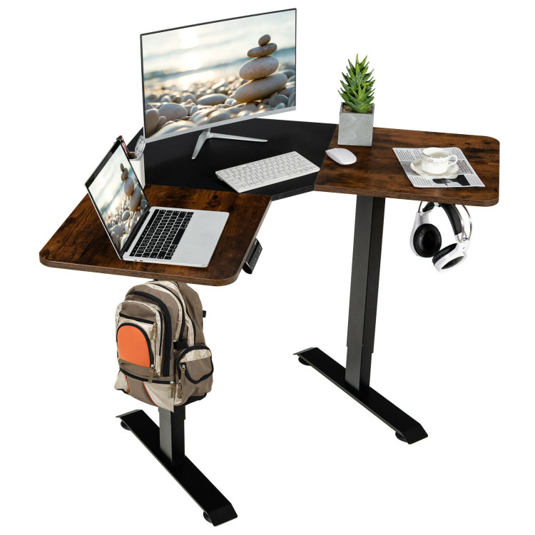 L-shaped Electric Standing Desk with 4 Memory Positions and LCD Display-Rustic BrownCostway Gallery View 3 of 11
