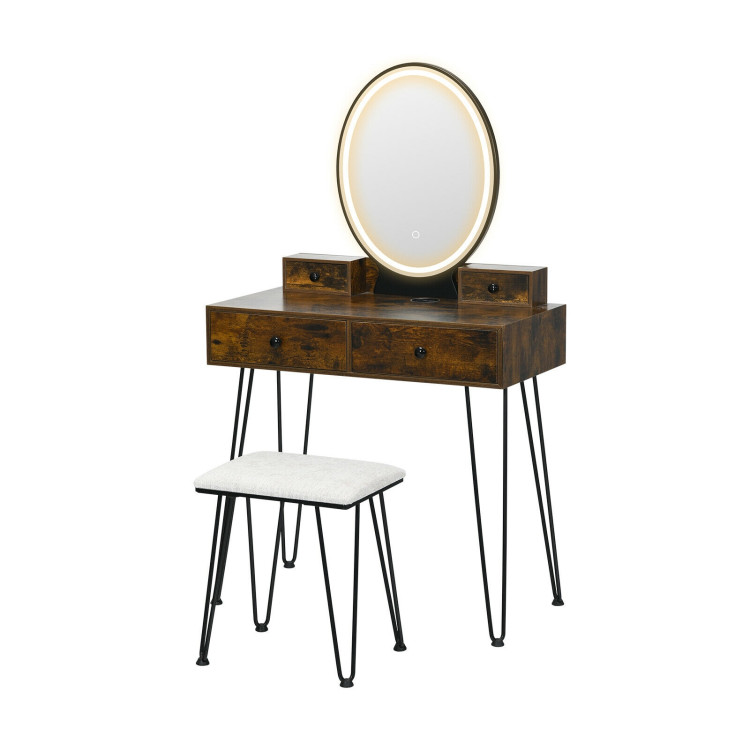 Vanity Table Set with 3-Color Lighted Dimmable Mirror-BrownCostway Gallery View 1 of 10