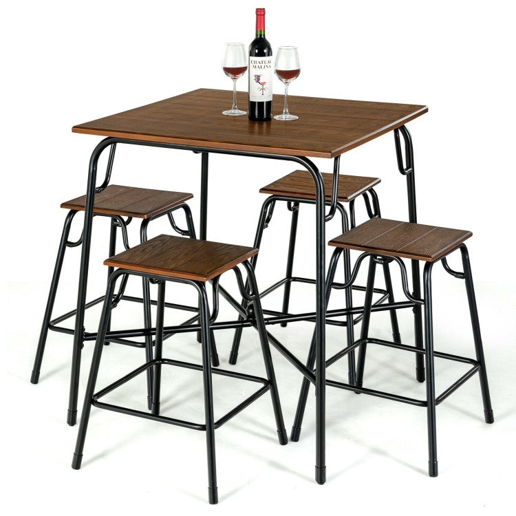 5 Pieces Bar Table Set with 4 Counter Height Backless Stools-Rustic BrownCostway Gallery View 3 of 10