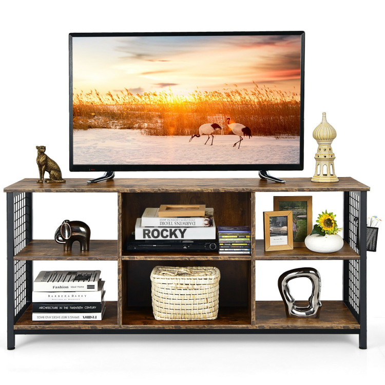 Mid-Century Wooden TV Stand with Storage Basket for TVs up to 65 Inch-Rustic BrownCostway Gallery View 8 of 10