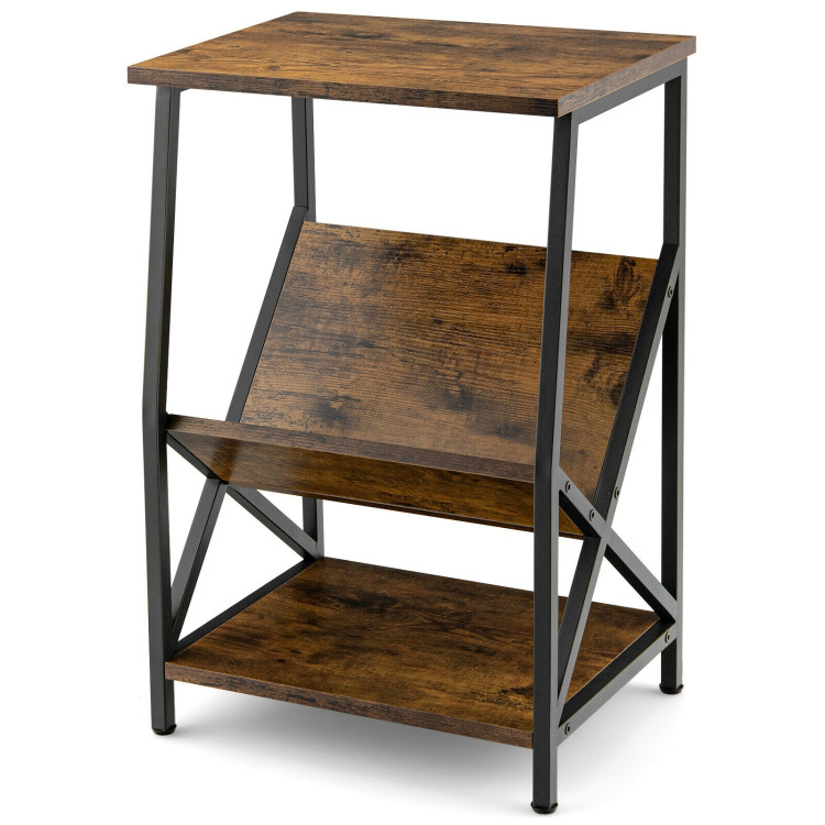 3-Tier Industrial Side Table with V-shaped Bookshelf for Living Room-Rustic BrownCostway Gallery View 3 of 10