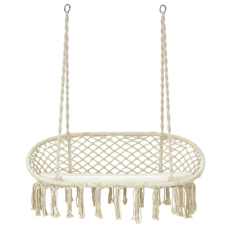 2 Person Hanging Hammock Chair with Cushion Macrame Swing-BeigeCostway Gallery View 4 of 11