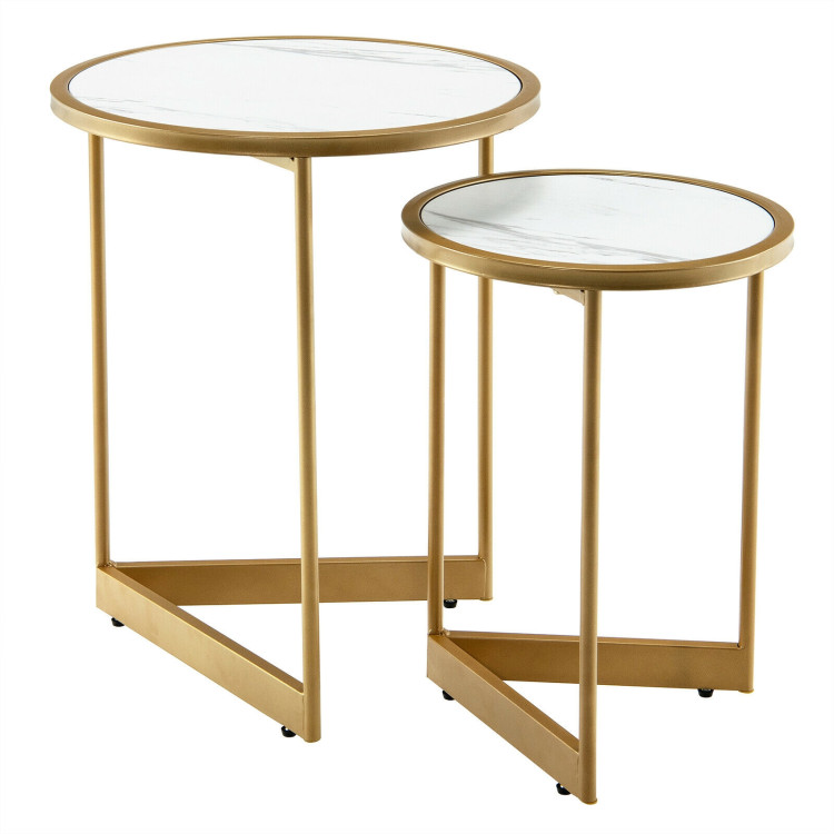 Round Nesting Table Set of 2 with Marble-like Tabletop-WhiteCostway Gallery View 1 of 10
