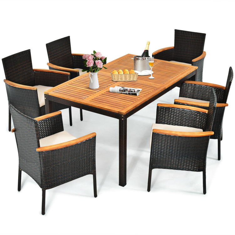 7 Pieces Patio Rattan Dining Set with Armrest Cushioned Chair and Wooden TabletopCostway Gallery View 9 of 12