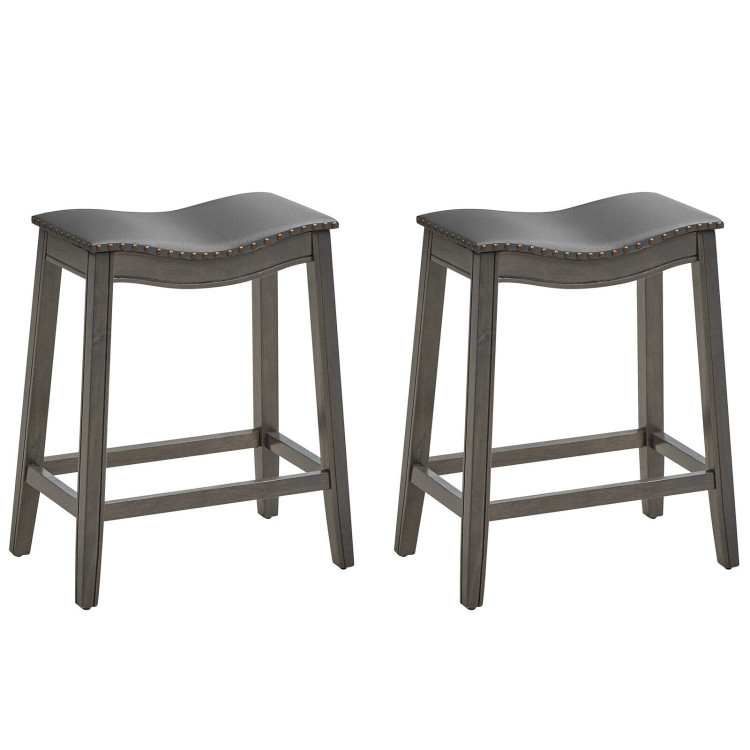 Set of 2 PU Leather Saddle Bar Stools with Rubber Wood LegsCostway Gallery View 1 of 9