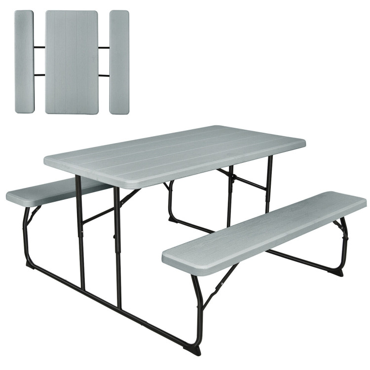 Indoor and Outdoor Folding Picnic Table Bench Set with Wood-like Texture-GrayCostway Gallery View 3 of 12