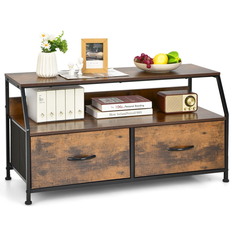 Dresser TV Stand with 2 Folding Fabric Drawers and Open Shelves-Rustic BrownCostway Gallery View 8 of 11