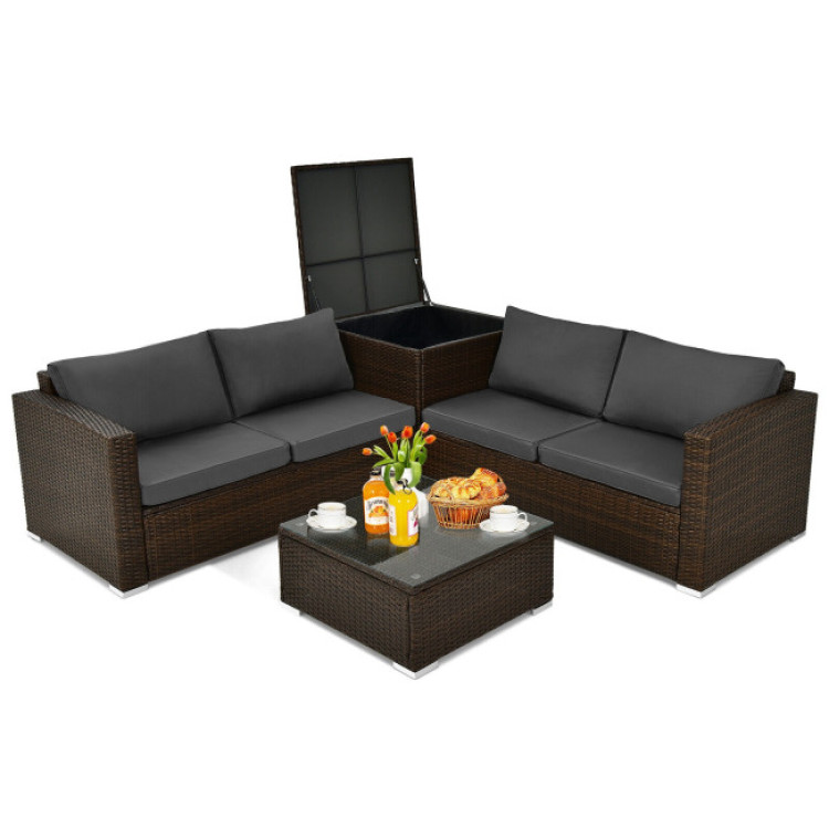 4 Pieces Patio Rattan Cushioned Furniture Set with Armrest and Storage Box-BrownCostway Gallery View 9 of 11