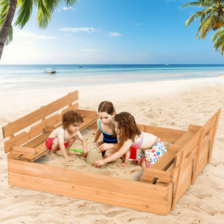 Kids Wooden Sandbox with 2 Foldable Bench SeatsCostway Gallery View 1 of 10