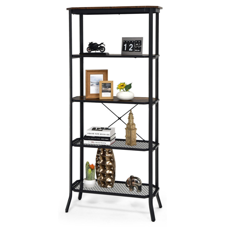 Industrial 5-Layer Bookshelf with Out-Stretched Legs-Rustic BrownCostway Gallery View 8 of 10
